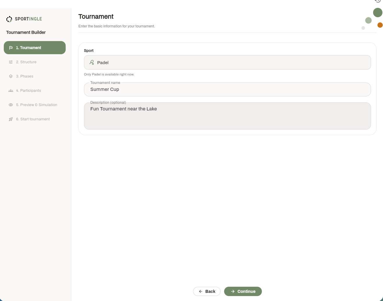 Tournament Builder: step 1, sport, name and description