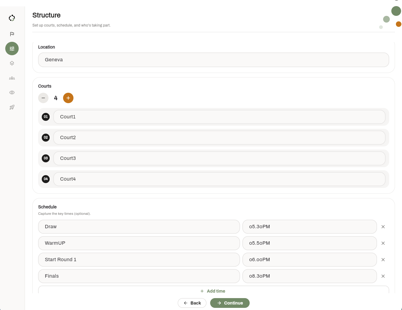 Tournament Builder: step 2, location, courts and schedule