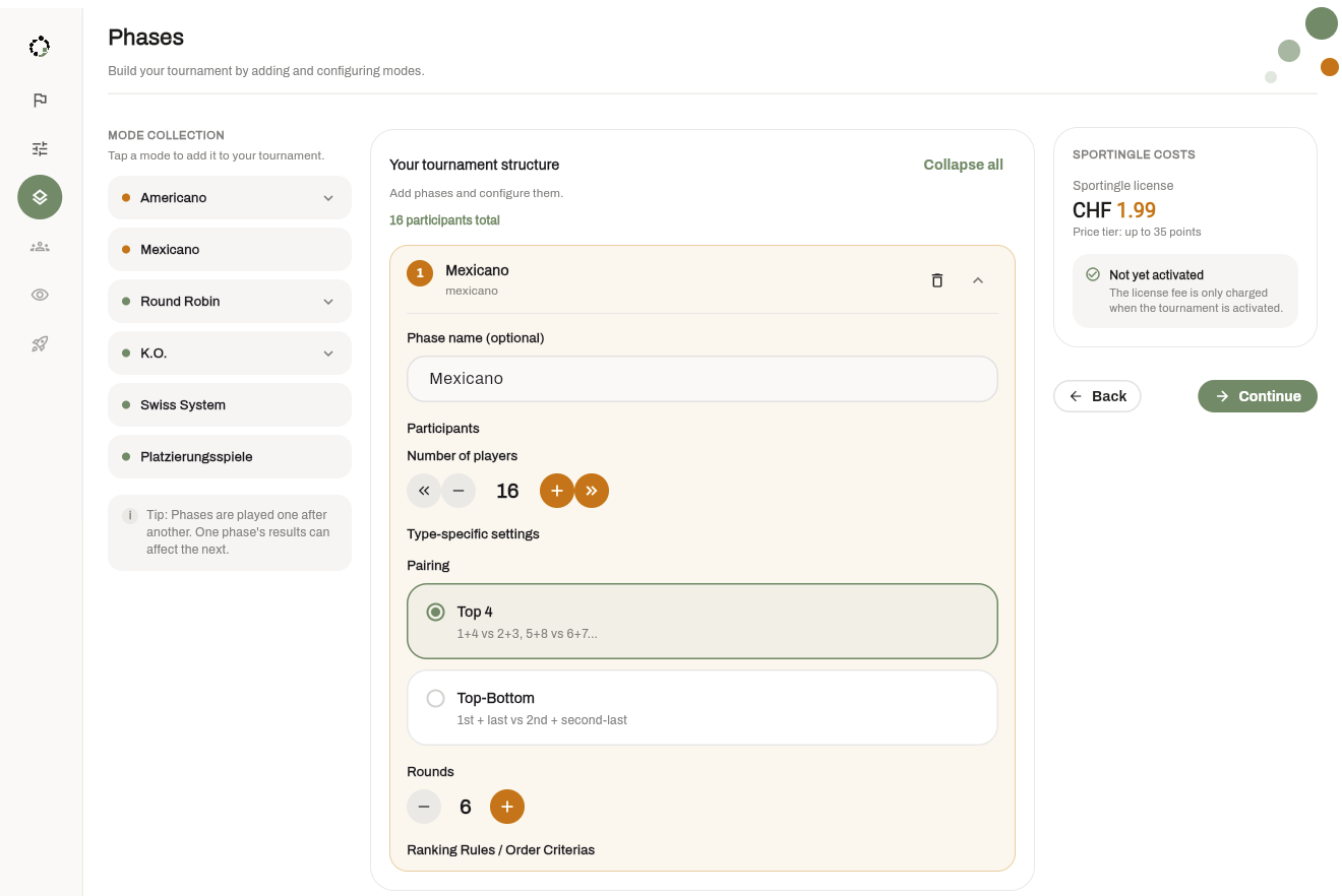 Tournament Builder: step 3, phases and mode-specific settings