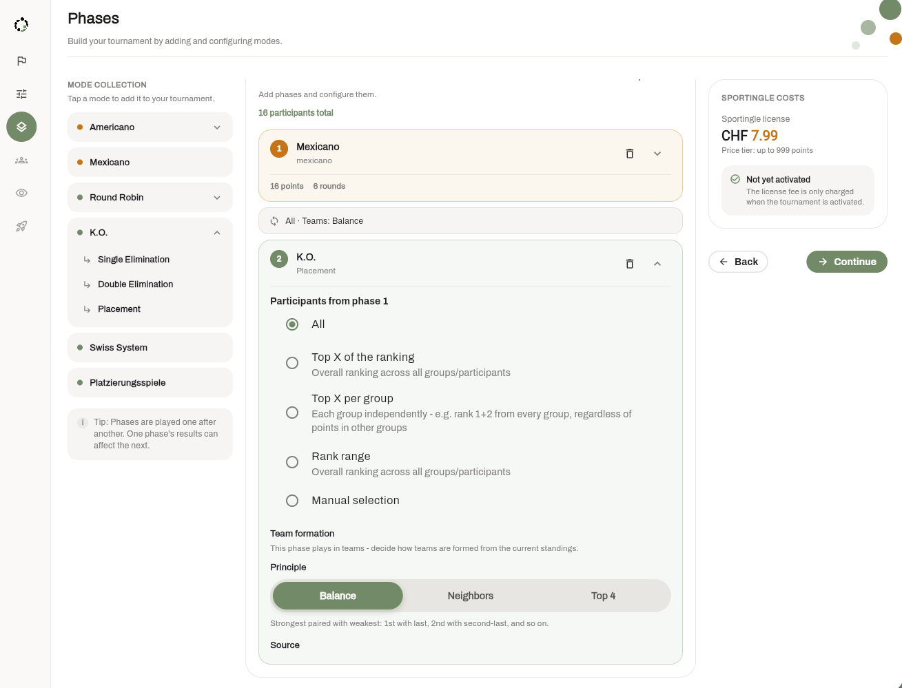 Tournament Builder: step 4, adding a knockout phase with team formation settings