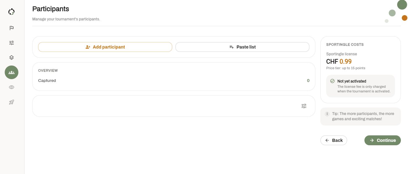 Tournament Builder: step 5, adding participants