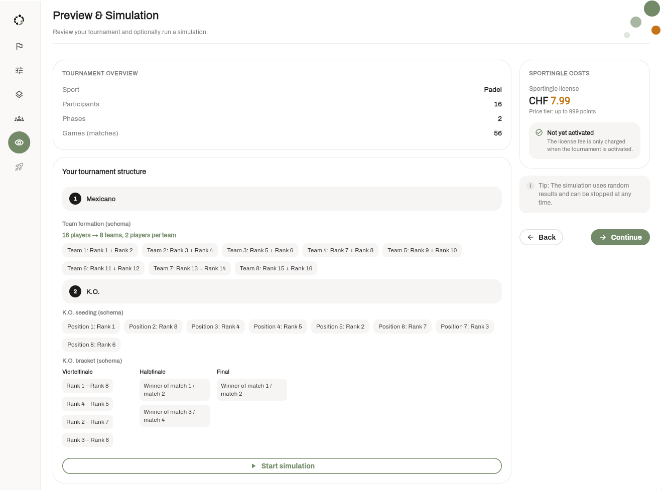 Tournament Builder: step 6, preview and simulation