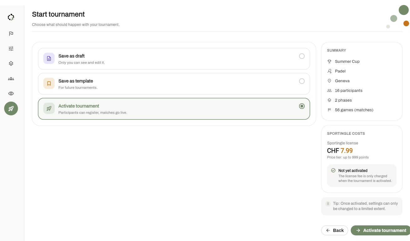 Tournament Builder: step 7, save as draft, save as template, or activate