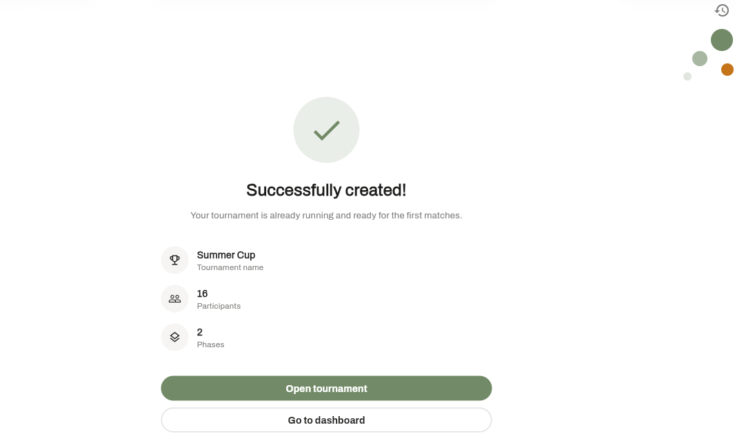 Tournament successfully created confirmation screen